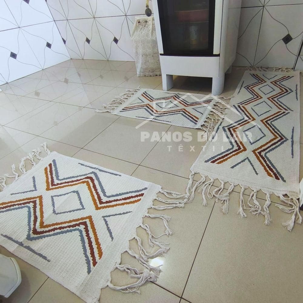 Kit Jogo De Passadeira Tapete De Cozinha Grande 3 Peças Estampado Com Nozinho Tecido Grosso Modelo Fiore