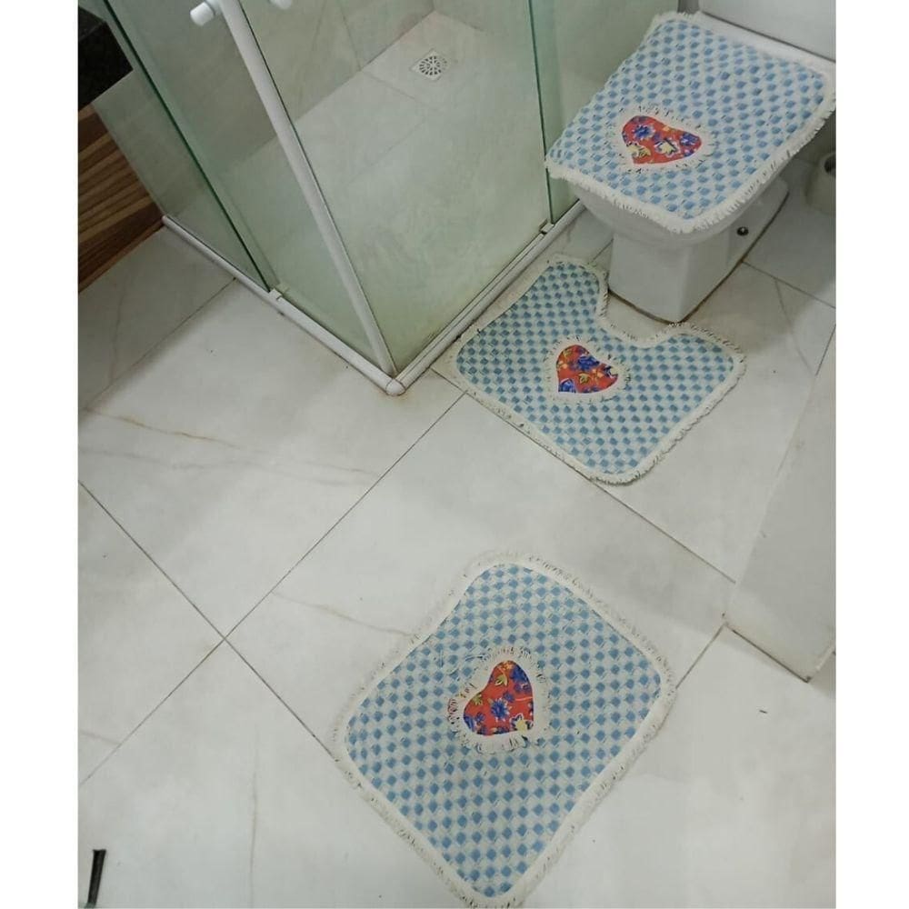 Kit 3 Peças Tapete Banheiro Xadrez Daminha Taolha De Piso Chão 50x40cm Azul Claro Com Estampa