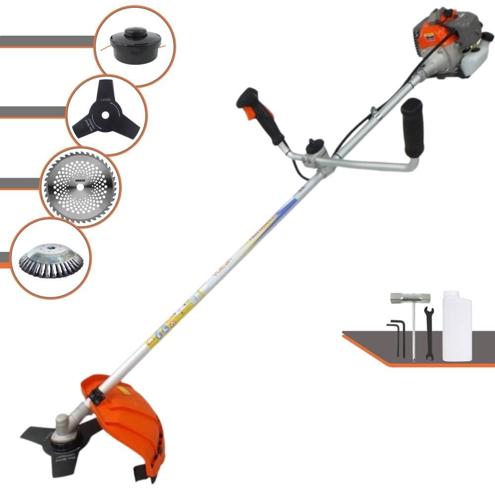 Roçadeira Vulcan VR330P À Gasolina 33cc 1,2HP 10.000rpm Com Guidão Anti-Vibração Carretel de Nylon + Faca 3 Pontas + Faca 40 Dentes + Escova de Aço