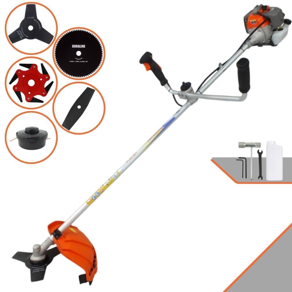 Aparador de Grama Vulcan VR330P À Gasolina 33cc 1,2HP Completa 5 Opções de Corte Com Guidão Antivibração Facas 2 Pontas, 3 Pontas, 6 Pontas, 80 Dentes
