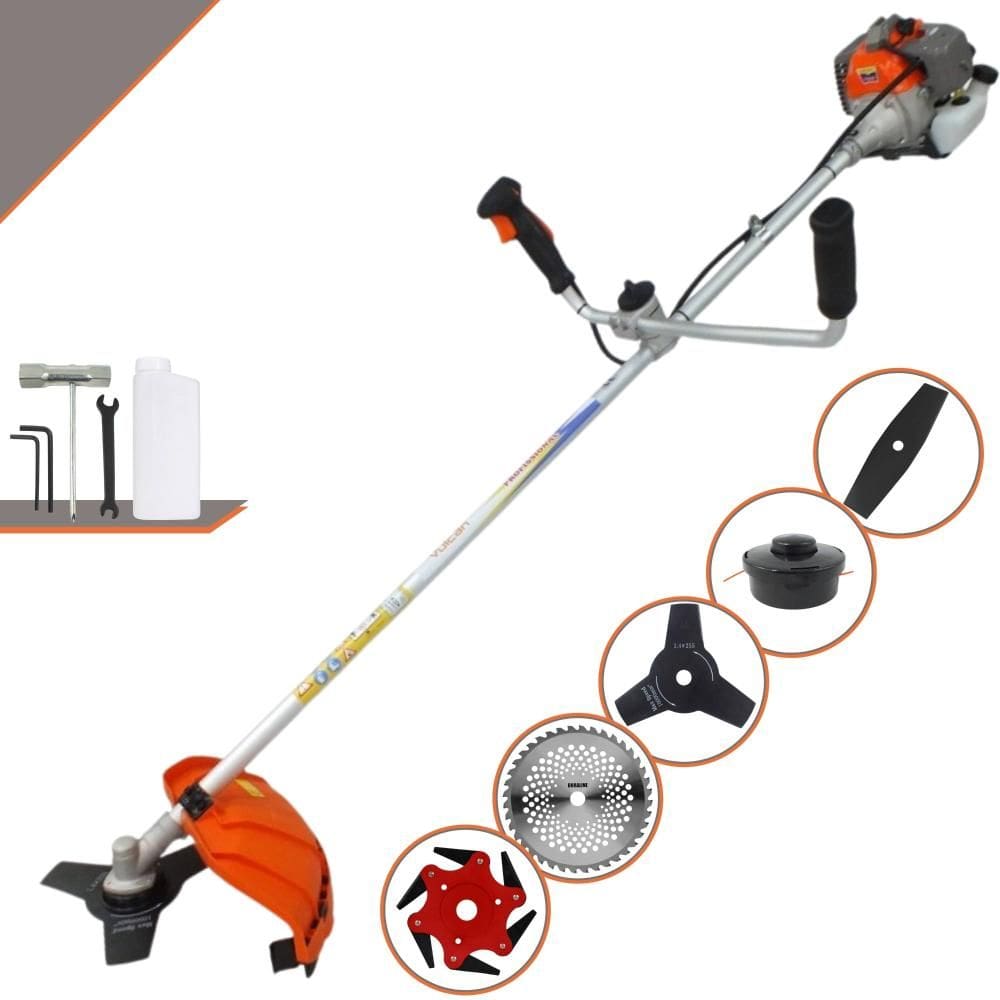 Cortador de Grama Vulcan VR330P À Gasolina 33cc Para Todos os Tipos de Trabalho Com Guidão Antivibração Carretel de Nylon + Kit de 4 Lâminas de Cortes