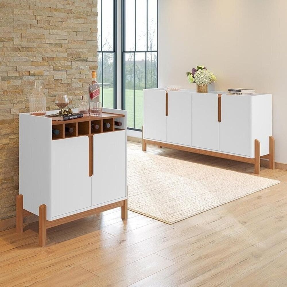 Buffet 170cm e Barzinho Pés de Madeira Maciça Lizz Branco/Cedro