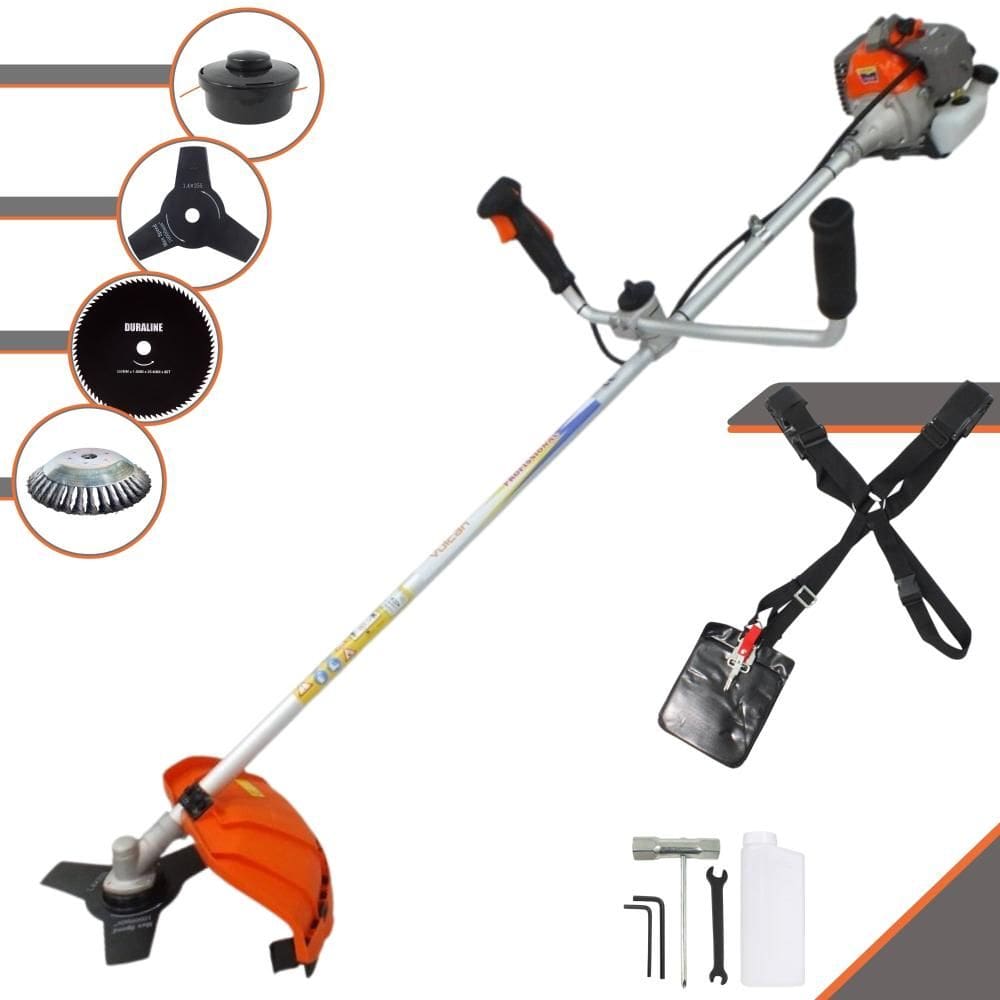 Roçadeira Podador de Grama Vulcan VR330-P À Gasolina 2T 33cc 1,2HP Completa Com Carretel de Nylon + Faca 3 Pontas + Faca 80 Dentes + Escova de Aço