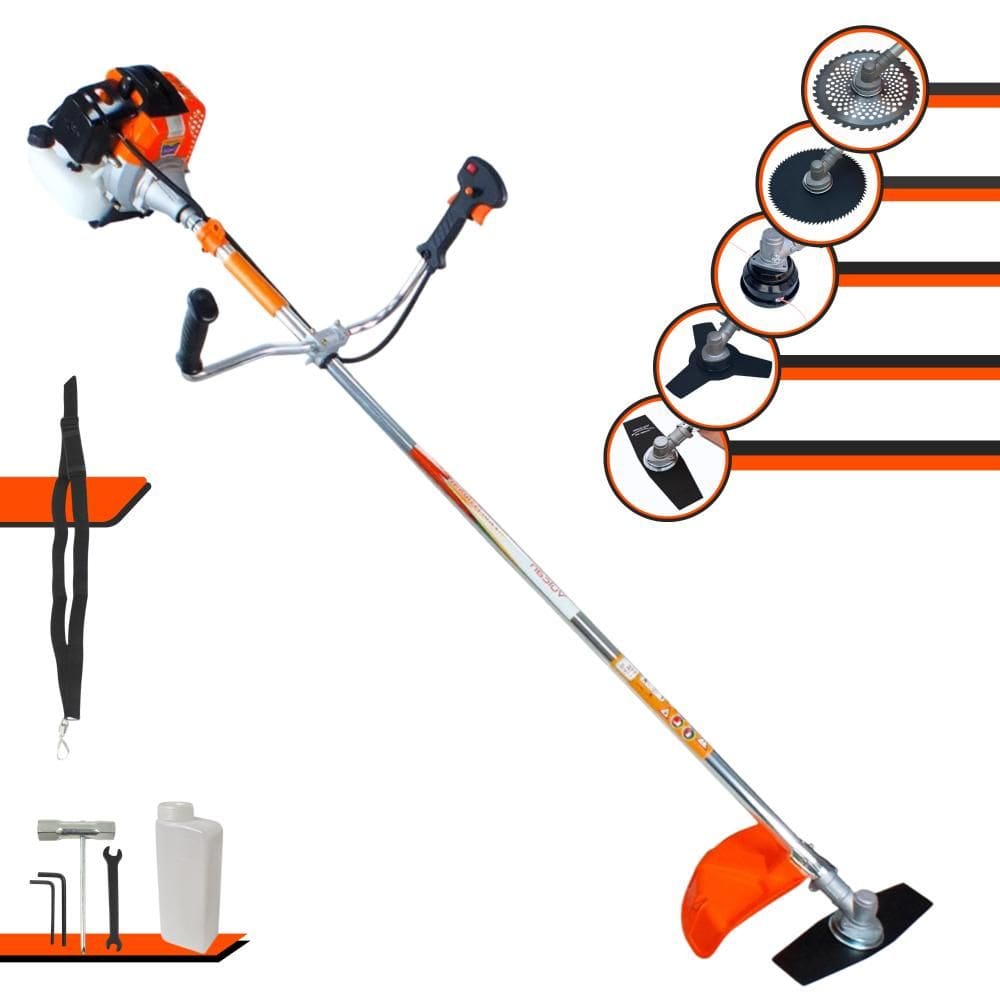 Roçadeira Robusta À Gasolina Vulcan VR430S 1,7HP 43cc 10000rpm Com Carretel Nylon + Lâminas Facão e 3 Pontas + Discos Circulares 40 Dentes e 80 Dentes