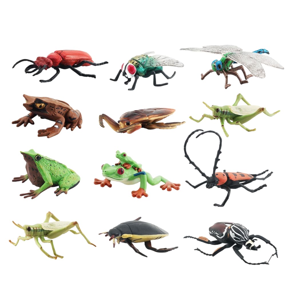 Conjunto de bonecos realista de insetos e sapos, 12 peças de modelos de animais em PVC