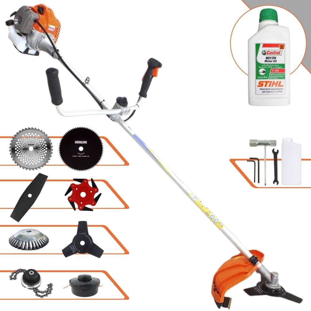 Roçadeira  Vulcan VR430P À Gasolina 43cc 1,7HP Alta Rotação C/ Guidão Antivibração Carretel de Nylon + Kit 7 Opções de Cortes + ÓLEO STIHL