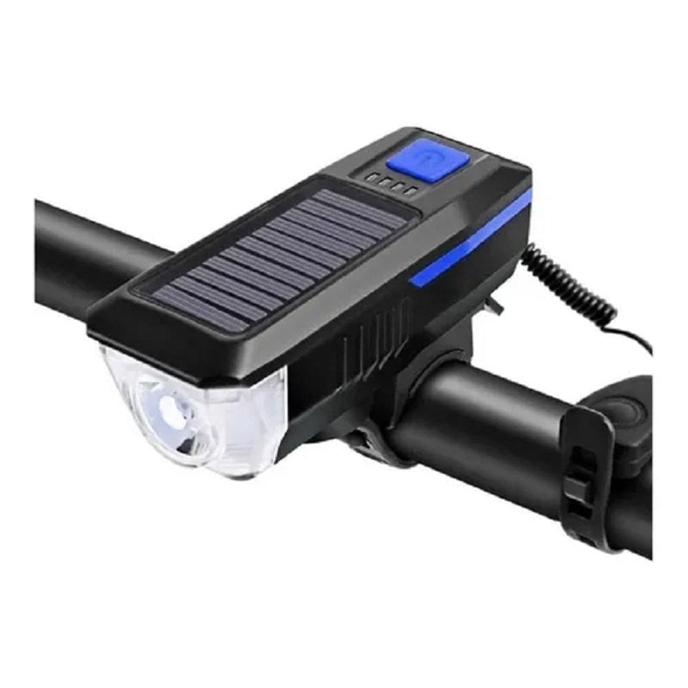 Luz LED frontal de bicicleta com recarga solar e buzina 120dB
