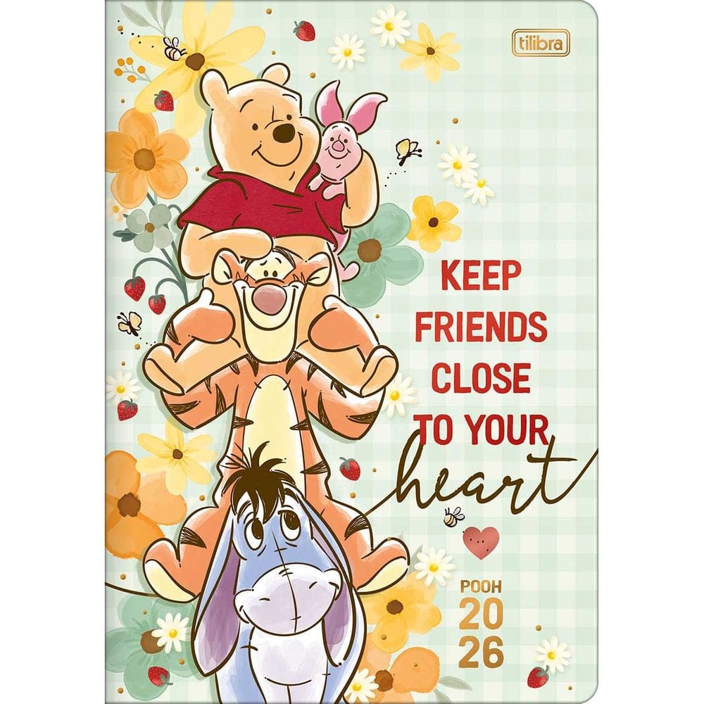 Tilibra - Planner Grampeado 17,8 x 25,4 cm Pooh 90 G 2026 - Fundo Verde - Keep Friends