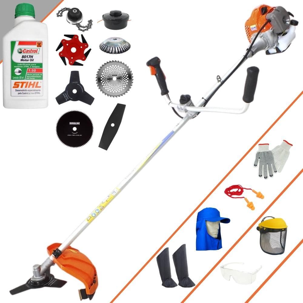 Roçadeira Vulcan VP430P 43cc Com Carretel Nylon + Facas 2 Pontas, 3 Pontas, 6 Pontas, 40 Dentes, 80 Dentes, Trimmer e Escova de Aço + EPI + ÓLEO STIHL
