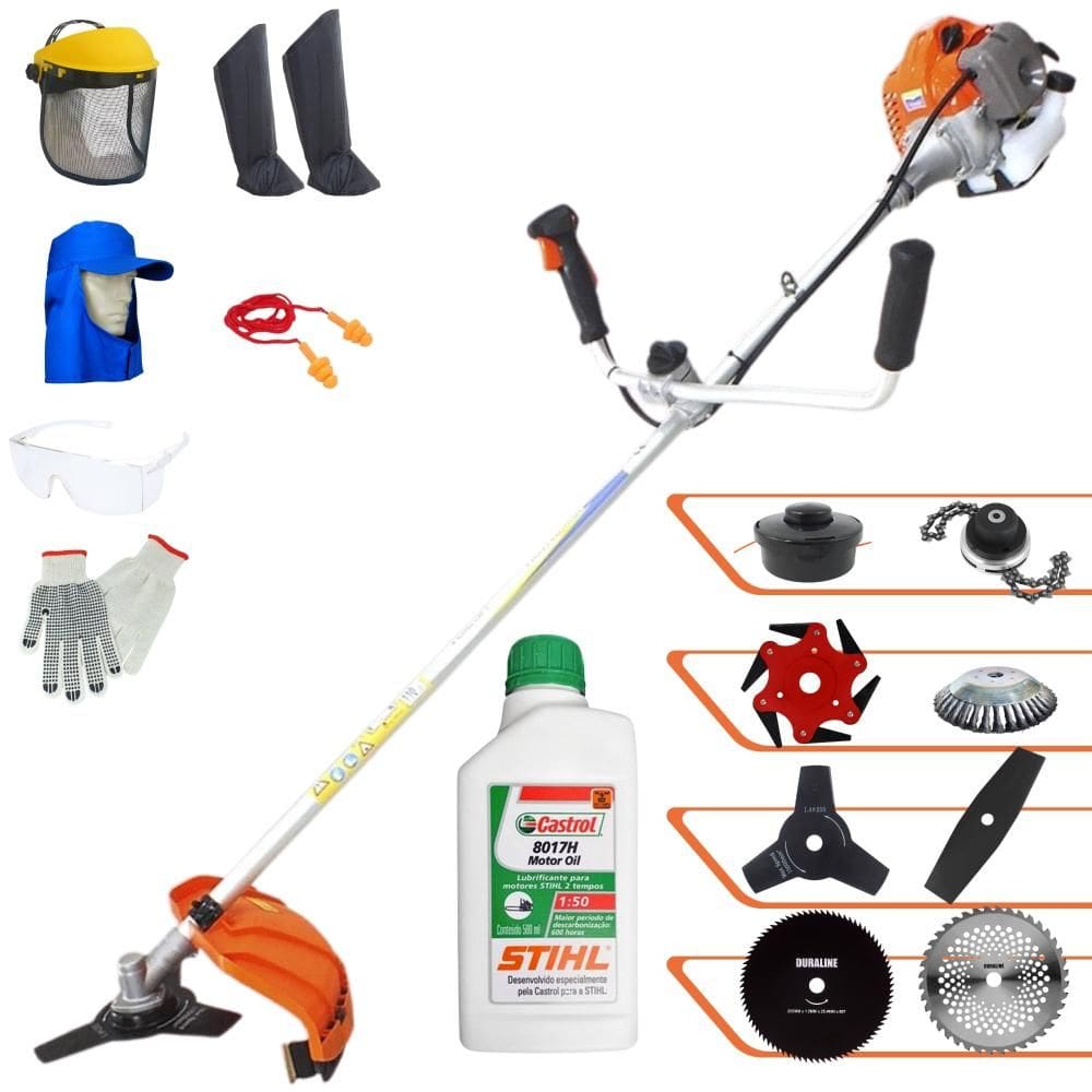 Roçadeira VP430-P Vulcan 43cc C/ Carretel Nylon + Facas 2 Pontas, 3 Pontas, 6 Pontas, 40 Dentes, 80 Dentes, Trimmer e Escova de Aço + EPI + ÓLEO STIHL