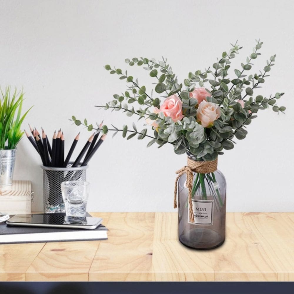 Decoração artificial de folhas de eucalipto, 24 peças de plástico de 38 cm