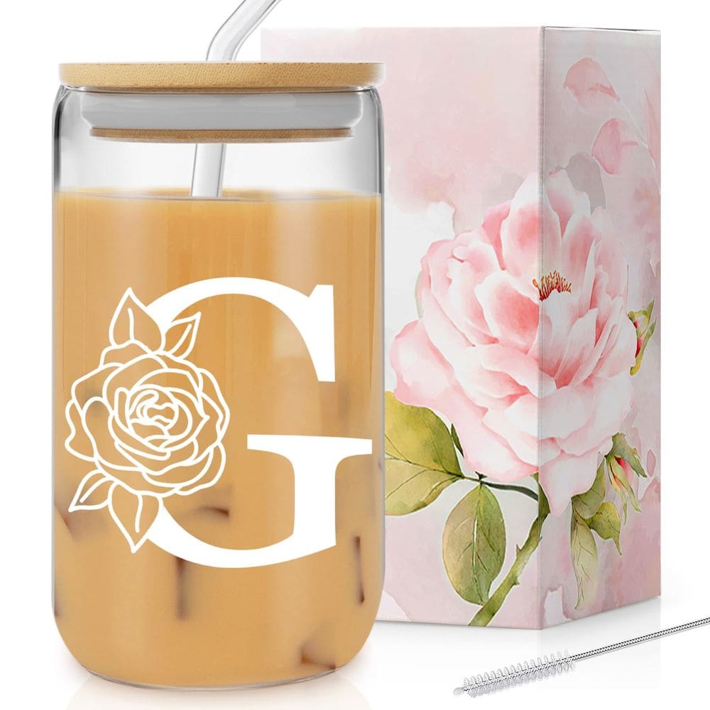 Copos de vidro com tampas e canudos para presentes com monograma de 470 ml