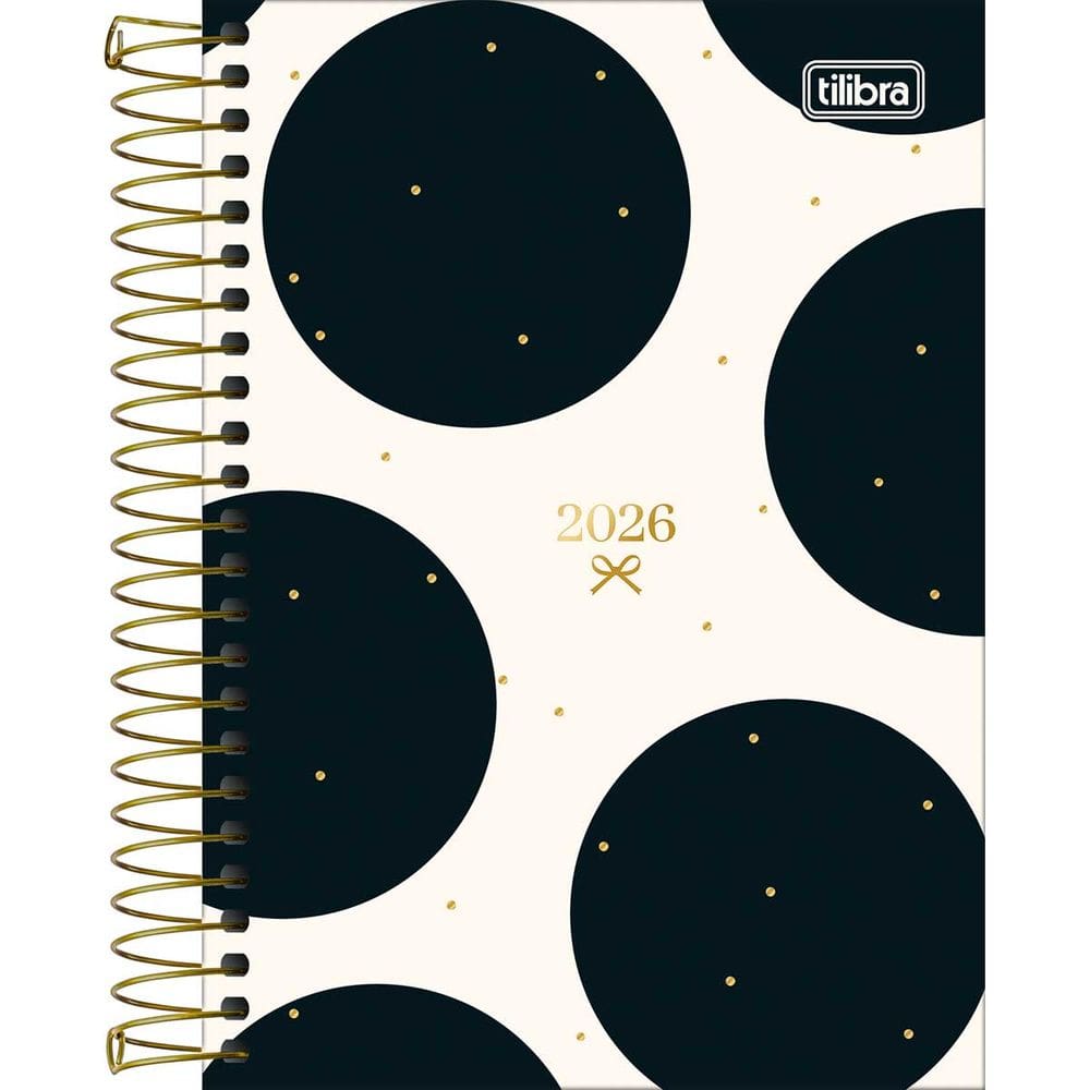 Tilibra - Agenda Espiral Diária 12,9 x 18,7 cm West Village 2026 - Fundo Branco e Bolas Pretas