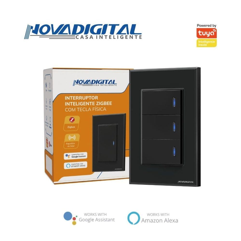 Interruptor tecla Fisica com Led 3 botões Zigbee Preto NovaDigital -NFZB-3-B
