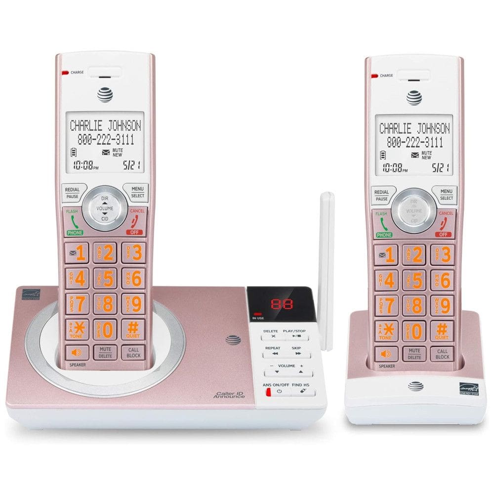Dois Telefones Sem Fio Expansível Sistema de Atendimento Bloqueador de Chamada inteligente, ATT CL82257, Rosa claro