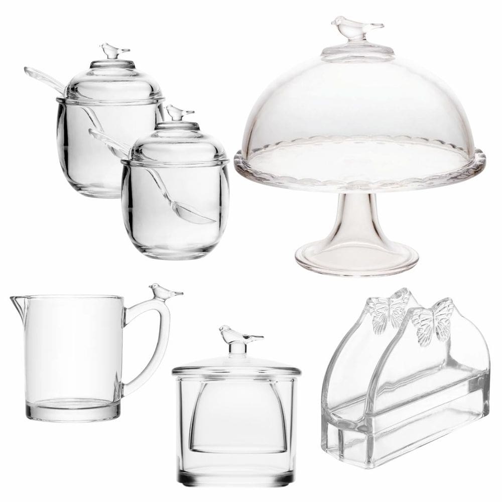 Kit Cafe Manhã Cristal Bird Porta Bolo, Açucareiro, Manteiga 6pç Wolff