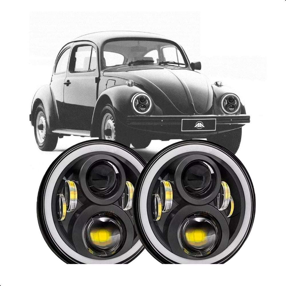 2 faróis circulares com seta 6000K – iluminação eficiente para Fusca e similares