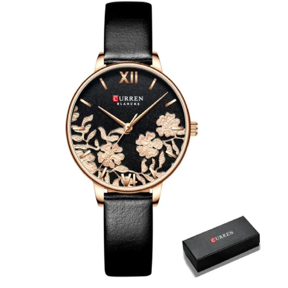 Relógio Curren Feminino 9065 Preto couro Detalhes De Flores