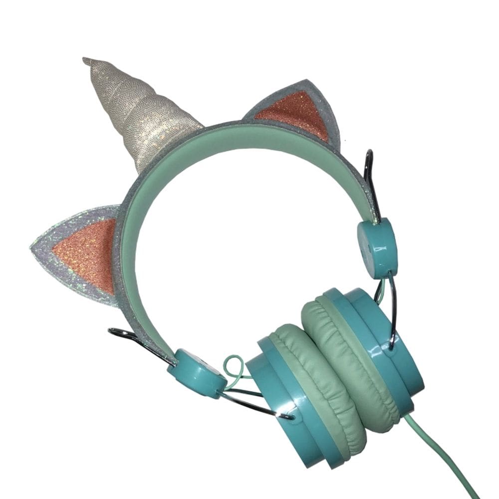 Fones de ouvido Glitter Unicorn Water Green com cabo auxiliar