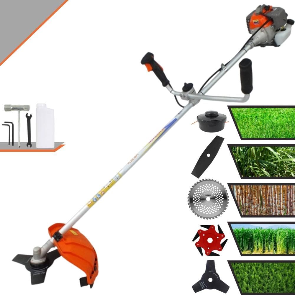 Roçadeira Vulcan VR330P À Gasolina 33cc 1,2HP de Potência 10000rpm Com Carretel Nylon + Faca 2 Pontas + Faca 3 Pontas + Faca 6 Pontas + Faca 40 Dentes