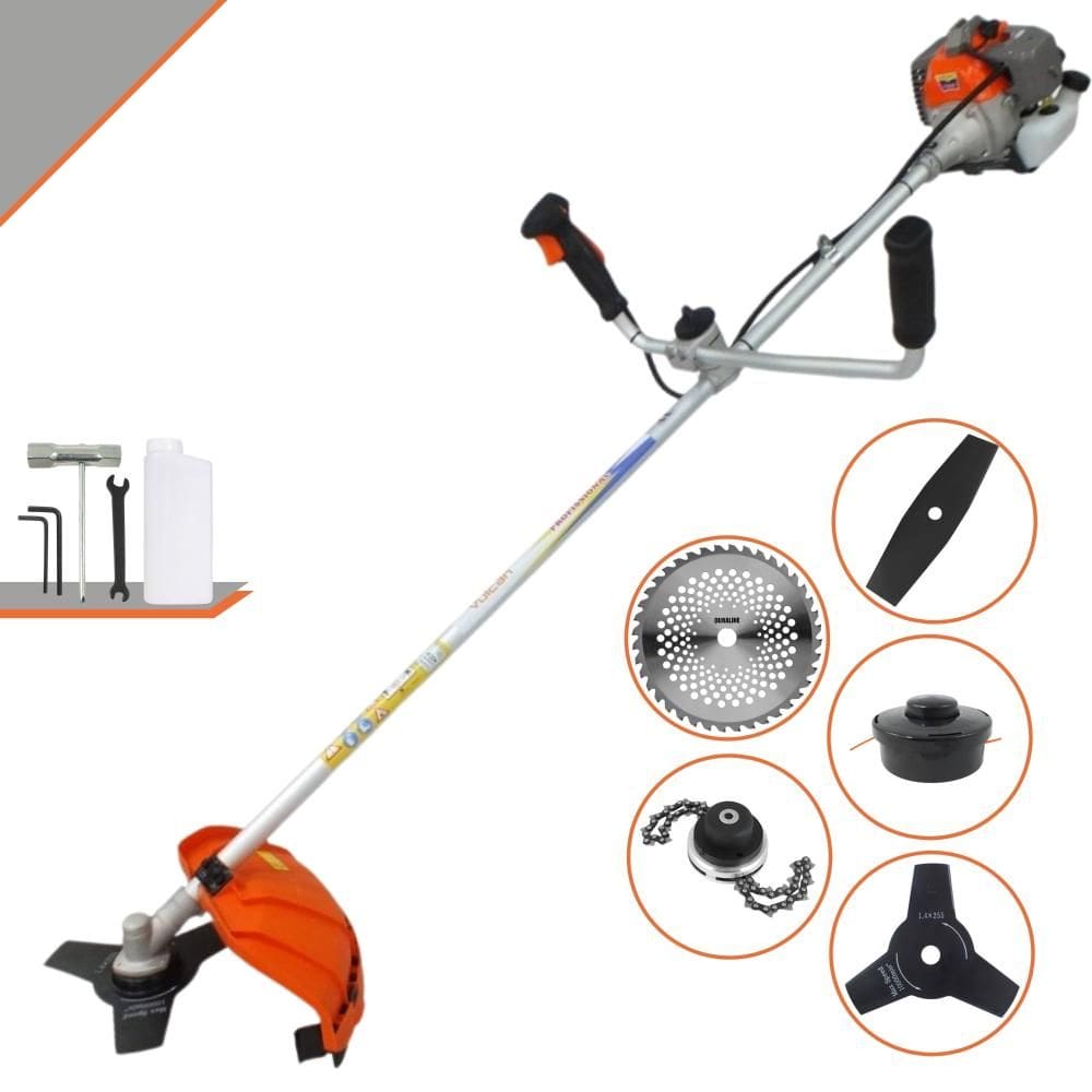 Podador de Cortar Grama Vulcan VR330-P 1,2HP 33cc Com Guidão Anti-Vibração Lâmina Facão + Lâmina 3 Pontas + Disco 40 Dentes + Trimmer + Carretel Nylon