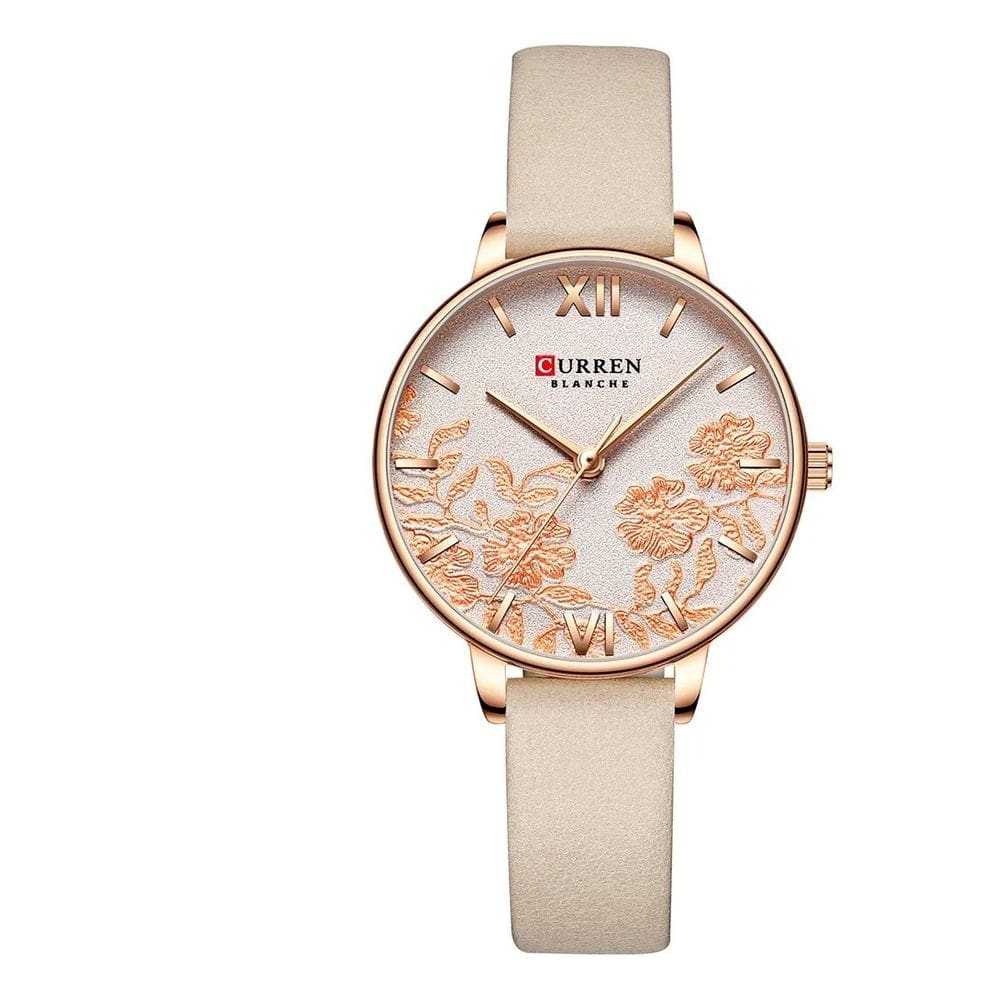 Relógio Curren Feminino 9065 Nude couro Detalhes De Flores
