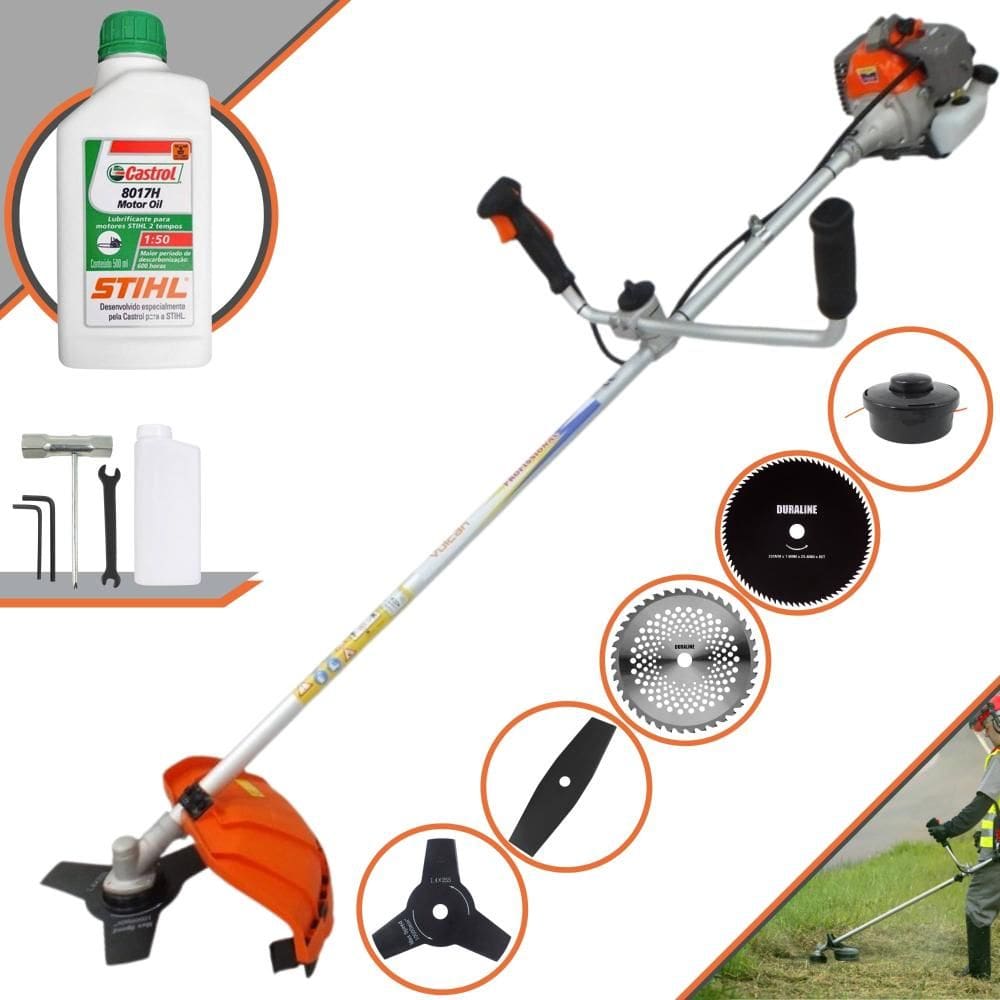Roçadeira À Gasolina Vulcan VR330-P Multifunções 10.000rpm 33cc 1,2HP Completa Com 5 Opções de Cortes, Carretel Nylon e Kit 4 Facas + ÓLEO STIHL 8017