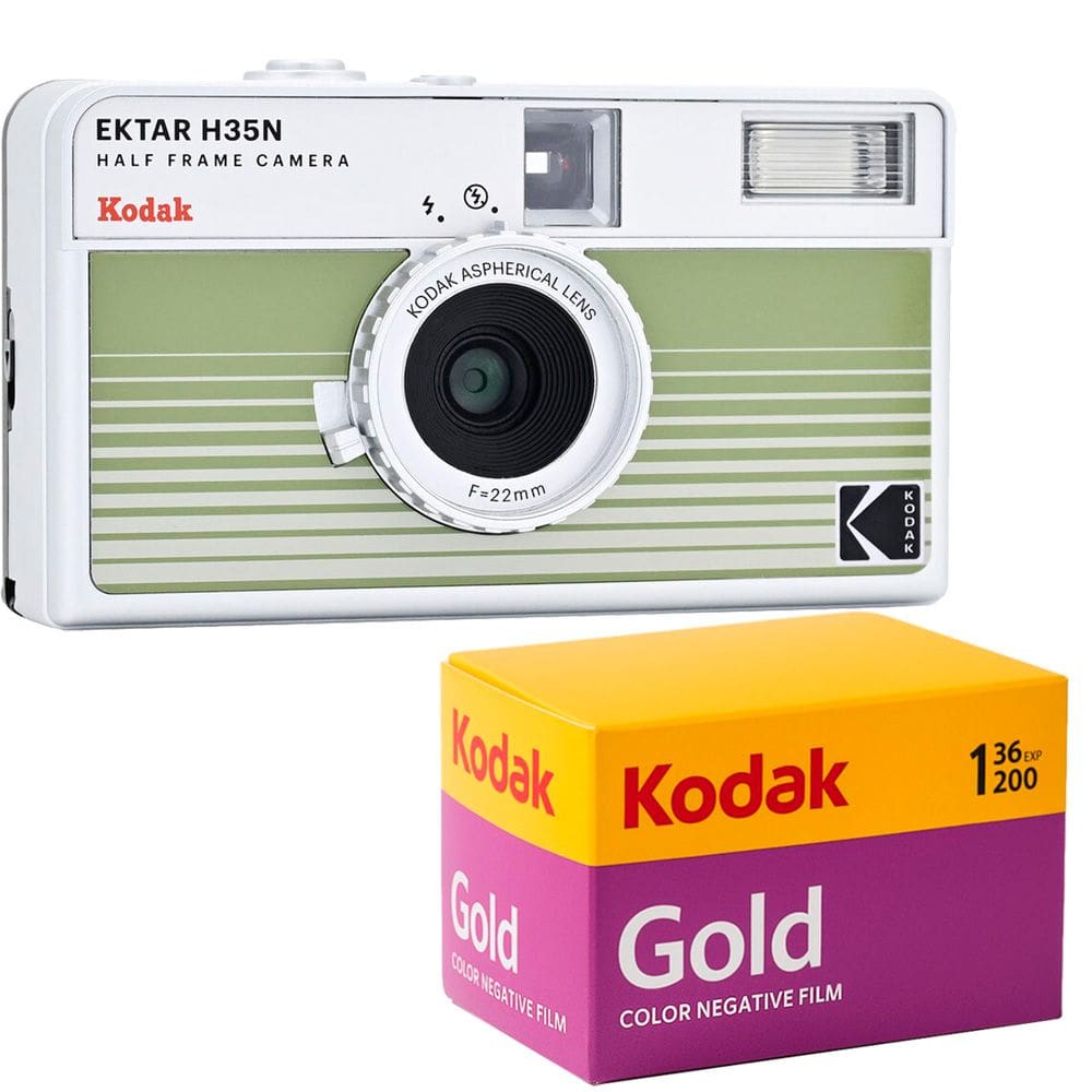 Câmera analógica compacta 35mm Kodak Ektar H35N (VERDE) + Filme Kodak Gold 36 poses