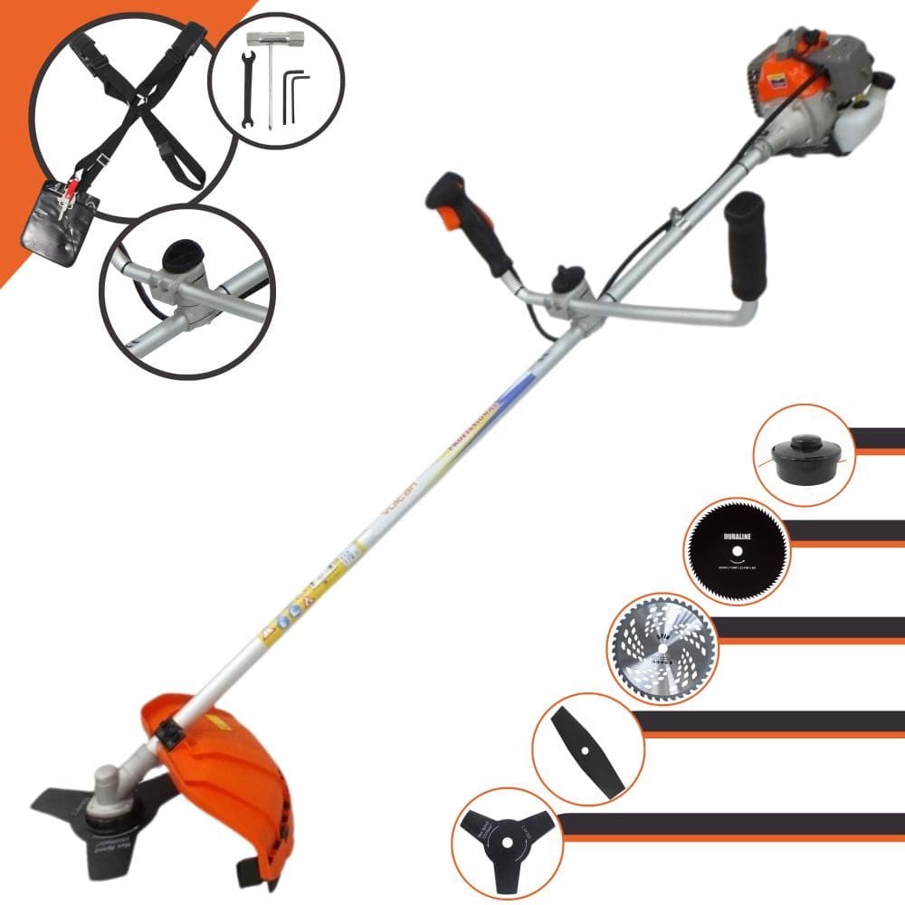 Roçadeira À Gasolina 2T Vulcan VR330-P 33cc 1,2HP 10.000rpm Completa 5 Em 1 Com Carretel de Nylon + Facas 2 Pontas, 3 Pontas, 40 Dentes e 80 Dentes