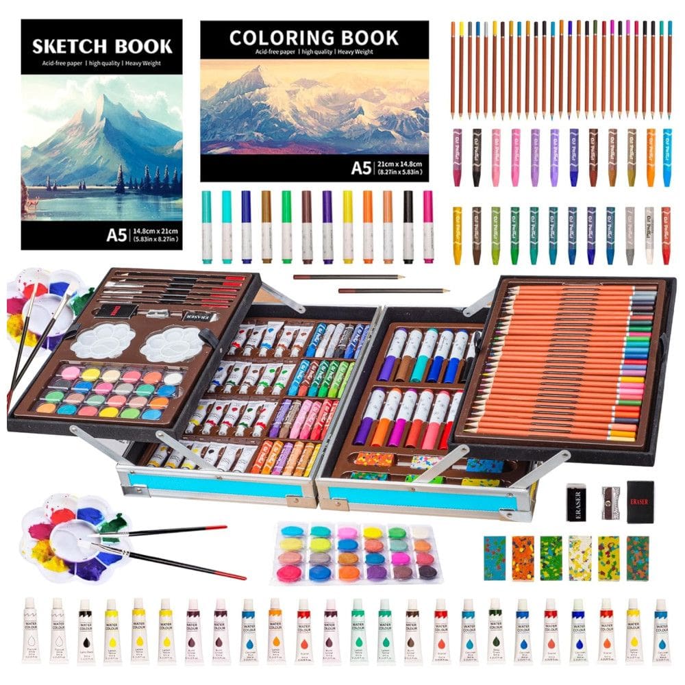 Kit Lápis de Cor com Maleta de Madeira 139 peças Tintas Acrílicas, Aquarela, KINSPORY L137, Azul