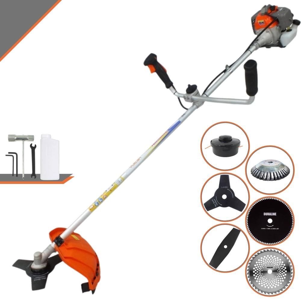 Roçadeira Multifunções Vulcan VR330P À Gasolina 2T 33cc 1,2HP 10.000rpm Com Carretel + Kit 4 Lâminas de Cortes + Escova de Aço Para Pavers e Calçadas