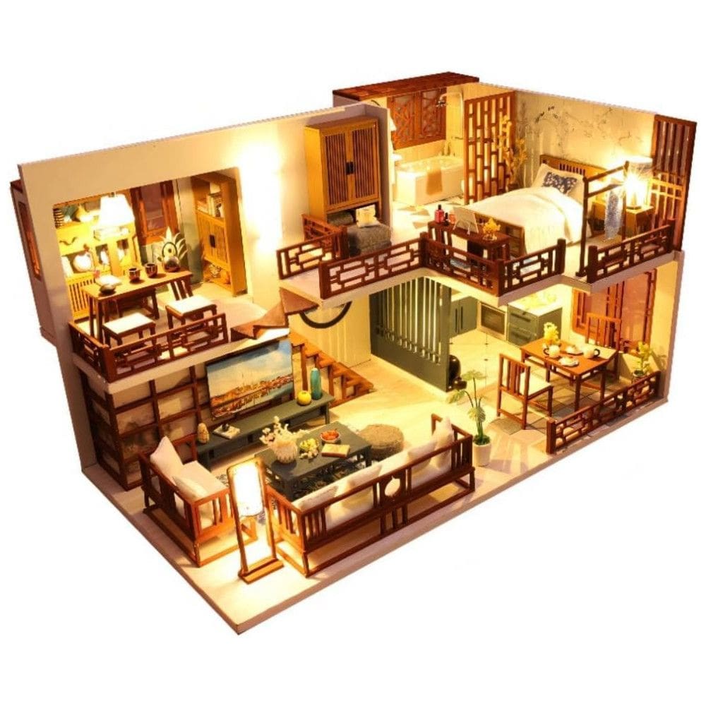 Casa em Miniatura Realista com Móveis de Madeira com Caixa de Música para Adultos e Adolescentes, Lannso, Marrom