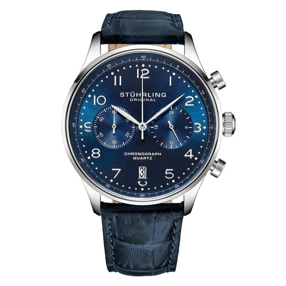 Relgio Crongrafo GR1Q 4012 de 42 mm com Mostrador Azul, Pulseira de Couro Azul e Fivela de Prata Tang - Stuhrling