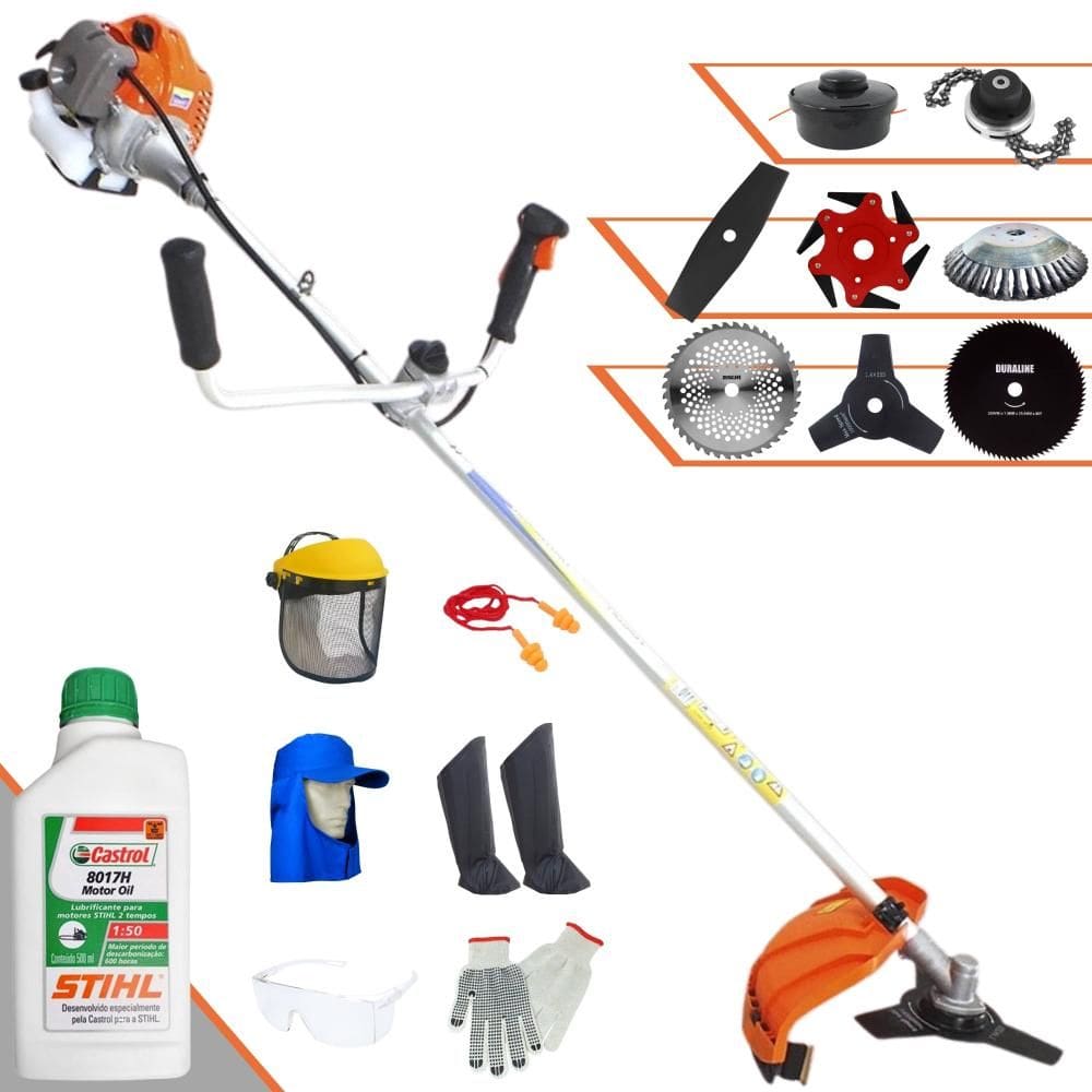 Aparador de Grama Vulcan VP430P À Gasolina 43cc 1,7HP 10.000rpm Com Guidão Anti-Vibração Carretel de Nylon + 7 Opções de Corte + EPI + ÓLEO STIHL 2T