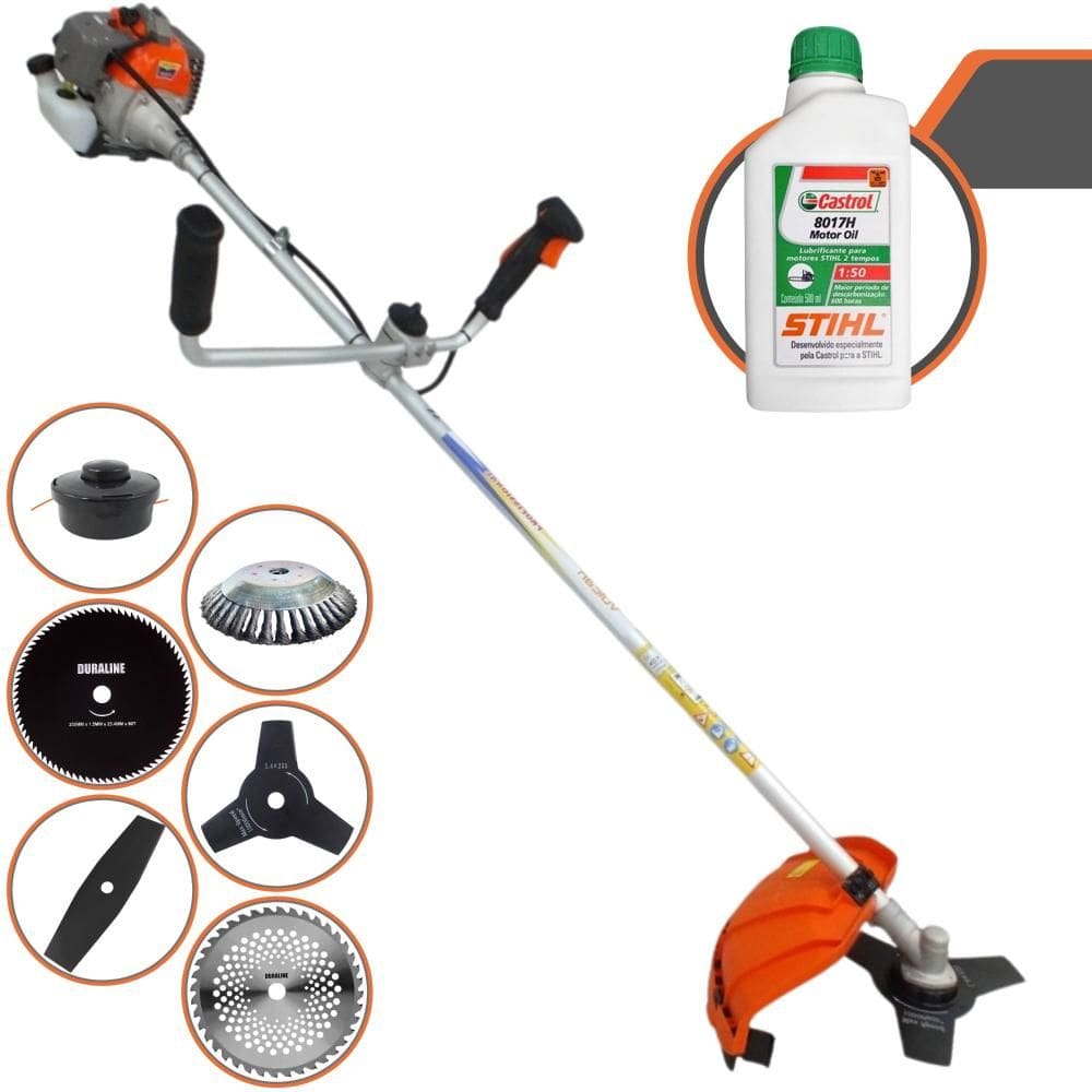 Roçadeira Lateral Vulcan VP330-P 33cc Com Lâmina Facão, Lâmina 3 Pontas, Lâmina 40 Dentes de Vídea, Lâmina 80 Dentes + Escova de Aço + ÓLEO STIHL 2T