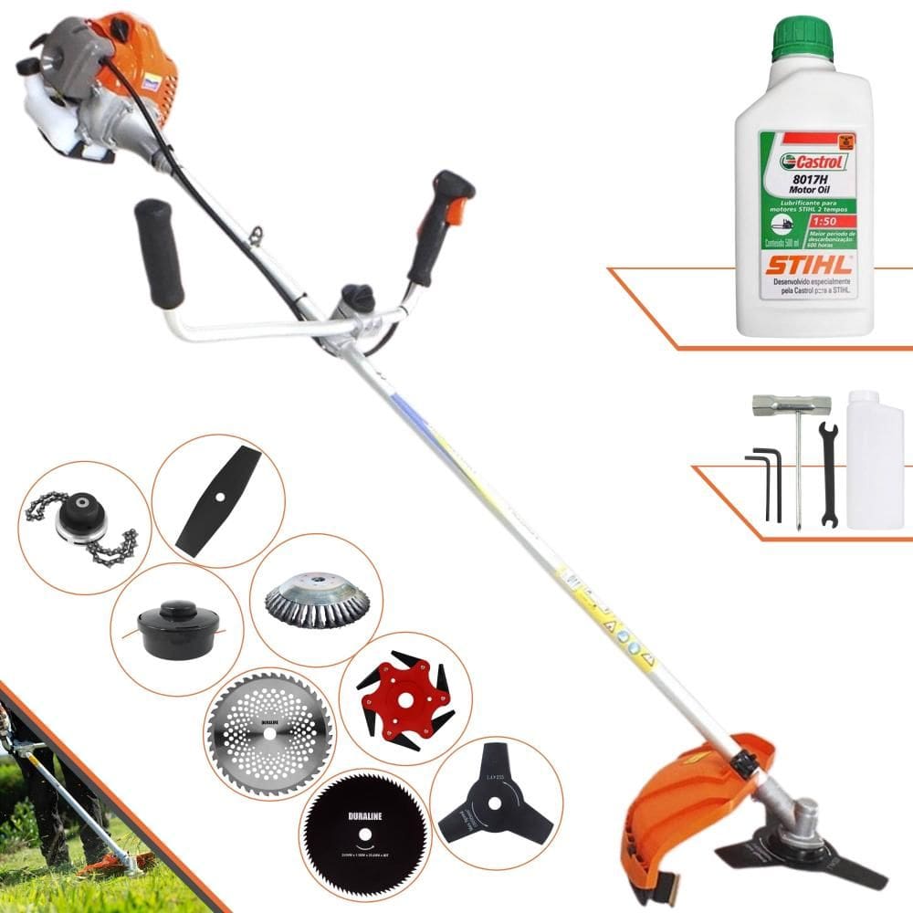 Roçadeira Robusta Vulcan VR430-P À Gasolina 43cc 1,7HP Para Todos os Tipos de Trabalho Com Carretel de Nylon + Kit de 7 Opções de Cortes + ÓLEO STIHL
