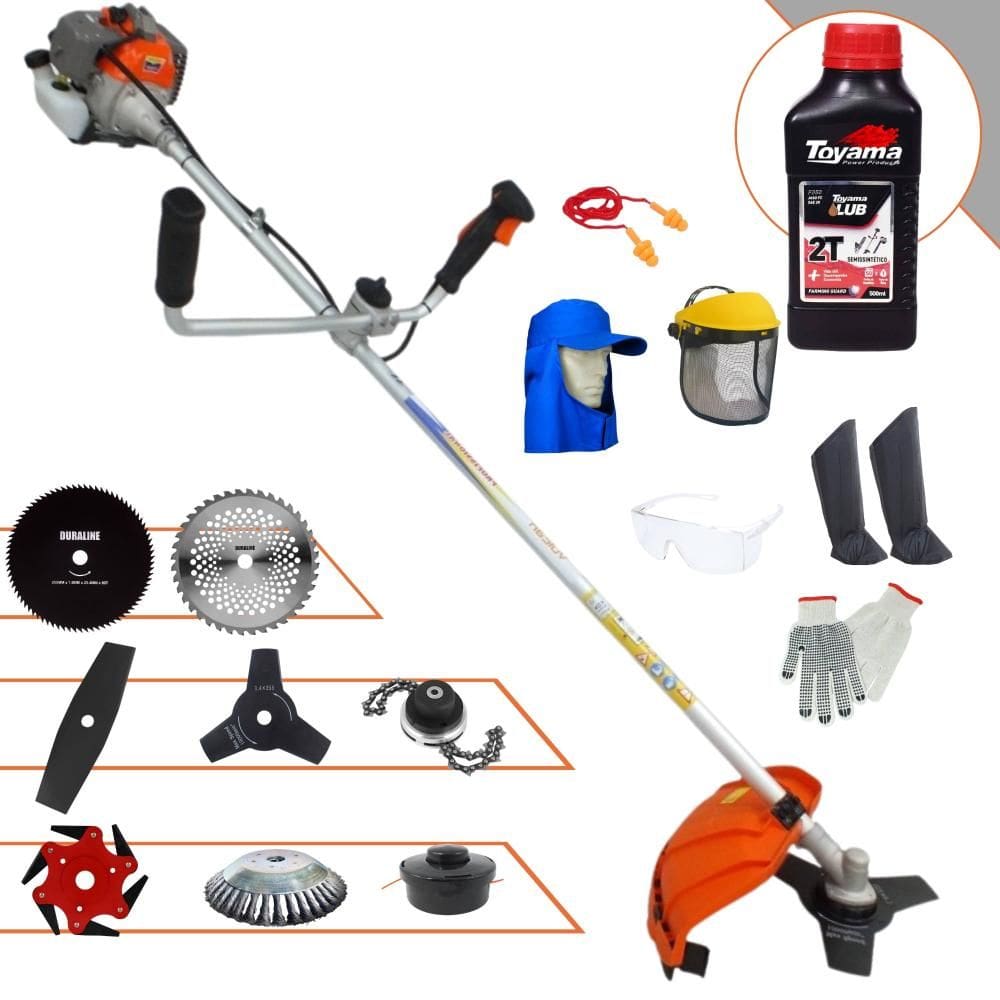 Roçadeira Vulcan VR330P À Gasolina 33cc 1,2HP Alta Rotação Com Guidão Anti-Vibração Carretel de Nylon + Kit 7 Opções de Cortes + EPI + ÓLEO TOYAMA 2T