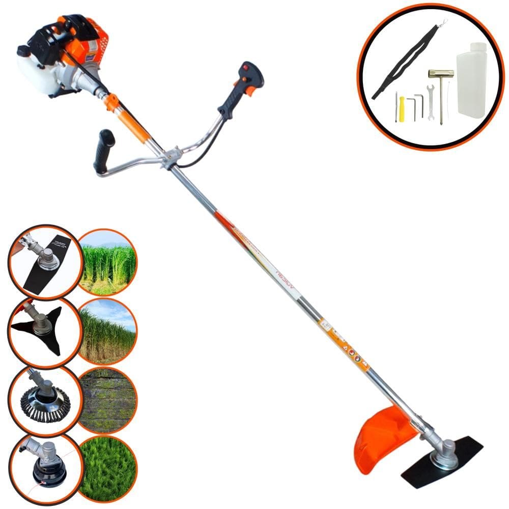 Roçadeira Podador de Grama Vulcan VR430S À Gasolina 43cc 1,7HP Com Carretel Nylon + Lâmina Facão + Lâmina 3 Pontas + Escova Circular de Aço 38 Cerdas