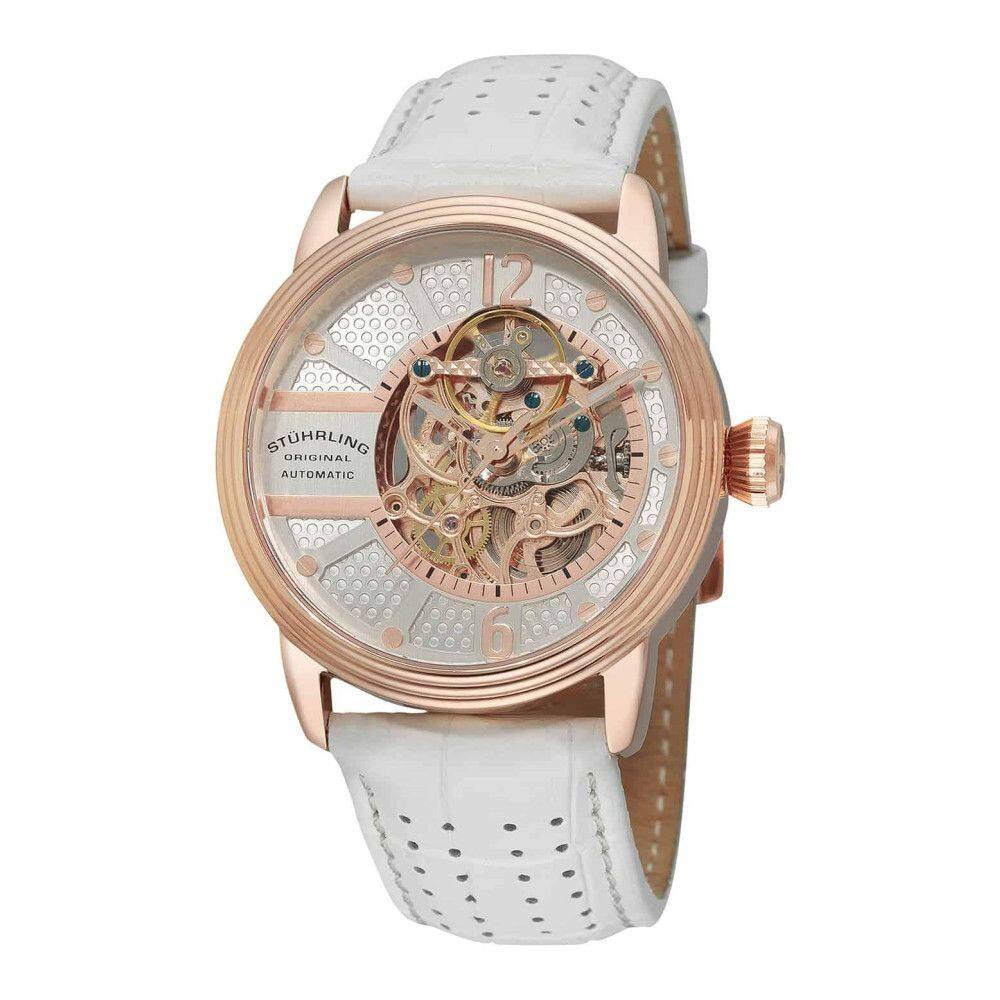 Relógio Stuhrling Próspero Clássico 308A Automático 44mm, mostrador prateado e pulseira de couro branco com fivela Tang.