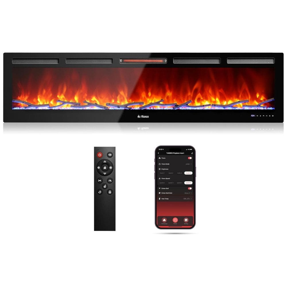 Lareira Elétrica de Embutir A45x182L cm com Estalo Sonoro, Chama Realista, Controle Remoto e APP, 110V 1500W, TURBRO