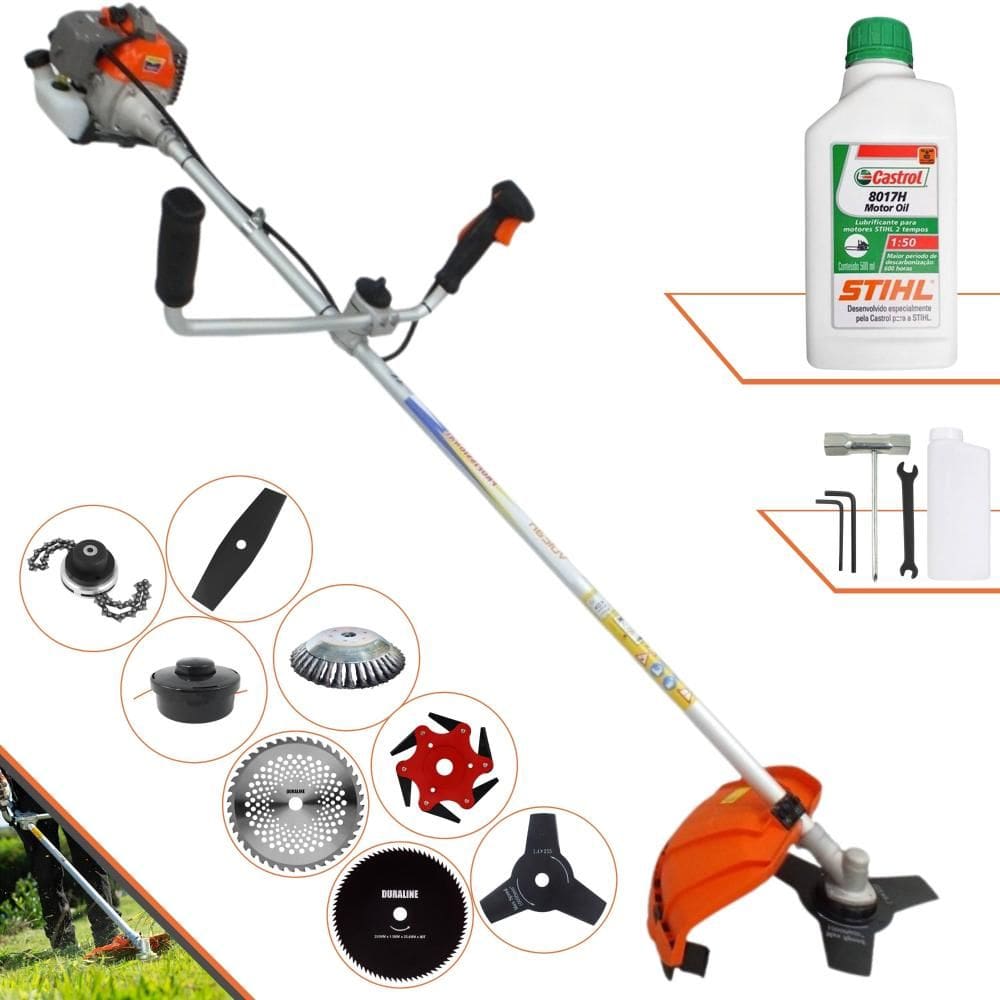 Roçadeira Robusta Vulcan VR330-P À Gasolina 33cc 1,2HP Para Todos os Tipos de Trabalho Com Carretel de Nylon + Kit de 7 Opções de Cortes + ÓLEO STIHL