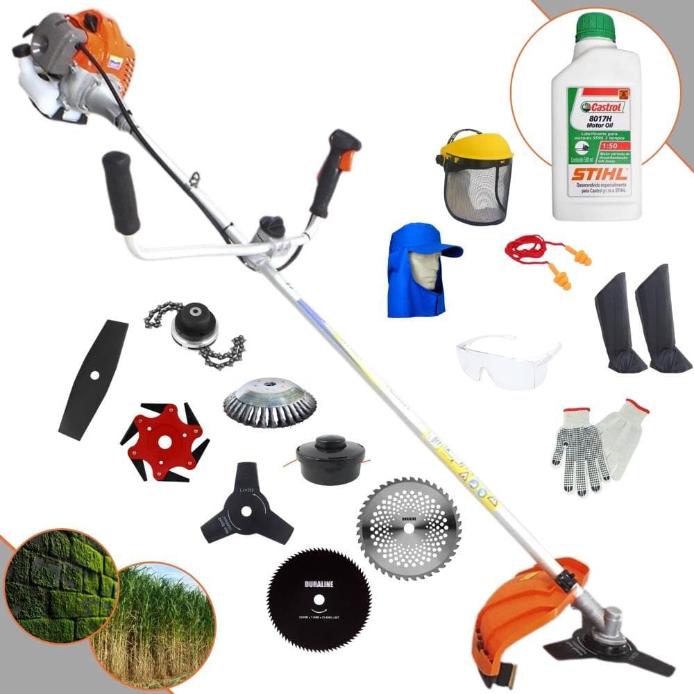 Roçadeira Vulcan VP430P À Gasolina 43cc 1,7HP Alta Rotação Com Guidão Anti-Vibração Carretel de Nylon + Kit 7 Opções de Cortes + EPI + ÓLEO STIHL 2T