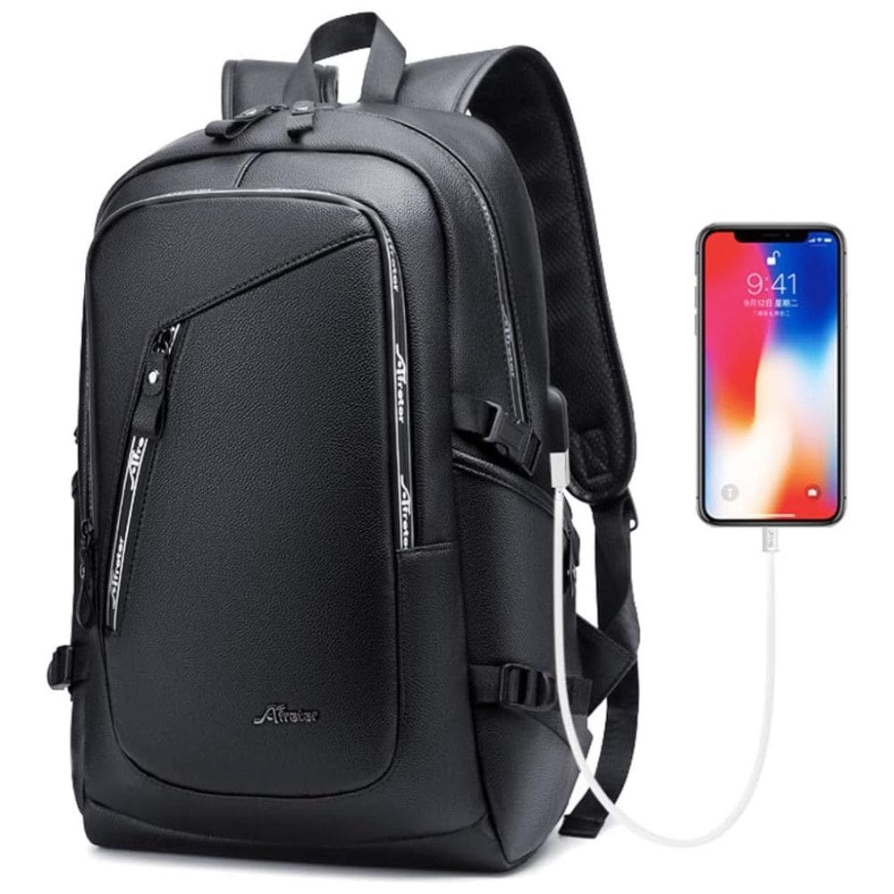 Mochila Unissex de Couro Sintético para Laptop, DYJ, Preto