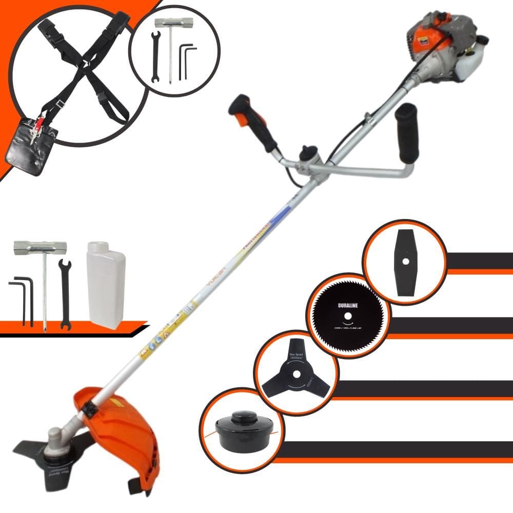 Roçadeira Multifunções Vulcan VR330P Motor 2T 33cc 10.000rpm 1,2HP de Potência Com Carretel Nylon e Faca 3 Pontas + Faca 2 Pontas + Faca 80 Dentes