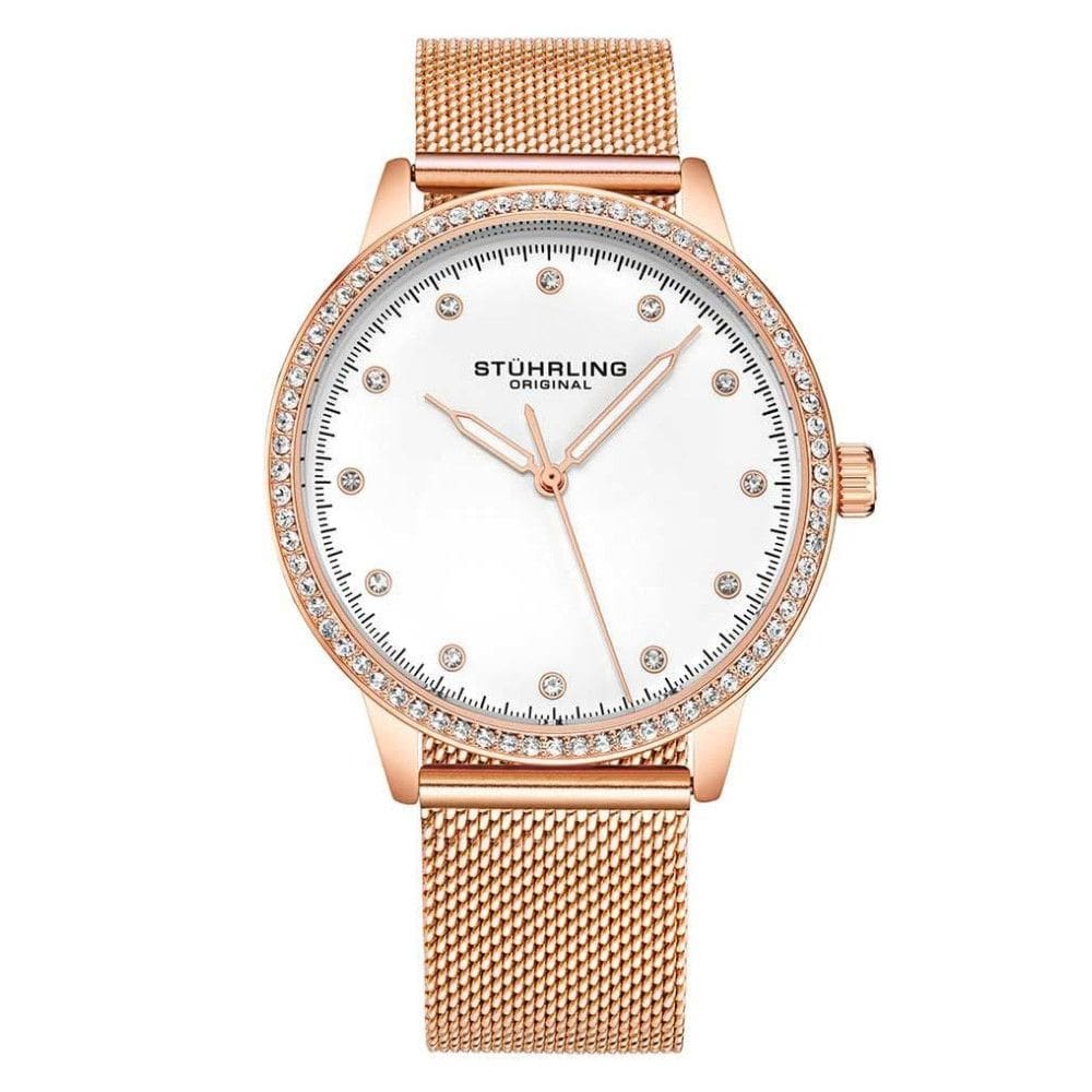 Relgio feminino Dorset 3904, 38mm, mostrador branco e rosa, pulseira de ao inox rosa com fivela dobrvel - Stuhrling.