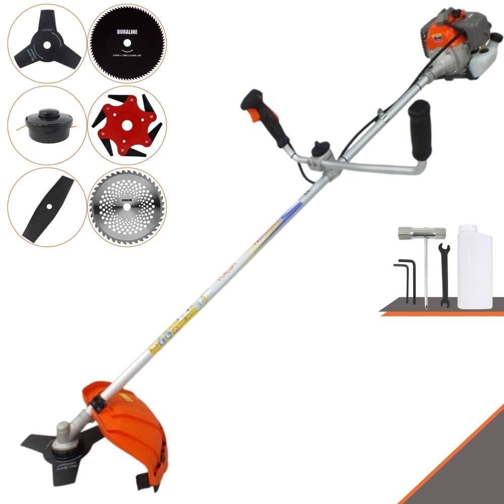 Roçadeira Máquina de Corta Grama Vulcan VR330P À Gasolina 33cc 1,2HP Com Carretel Nylon + Facas 2 Pontas + 3 Pontas + 6 Pontas + 40 Dentes + 80 Dentes