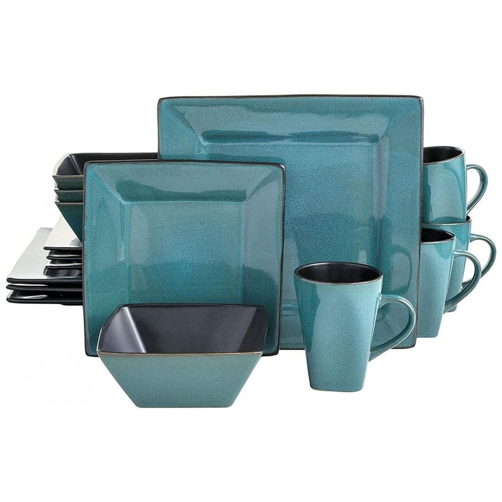 Aparelho de Jantar com 16 Peças Quadradas em Cerâmica, Gibson Elite Kiesling, Azul Turquesa