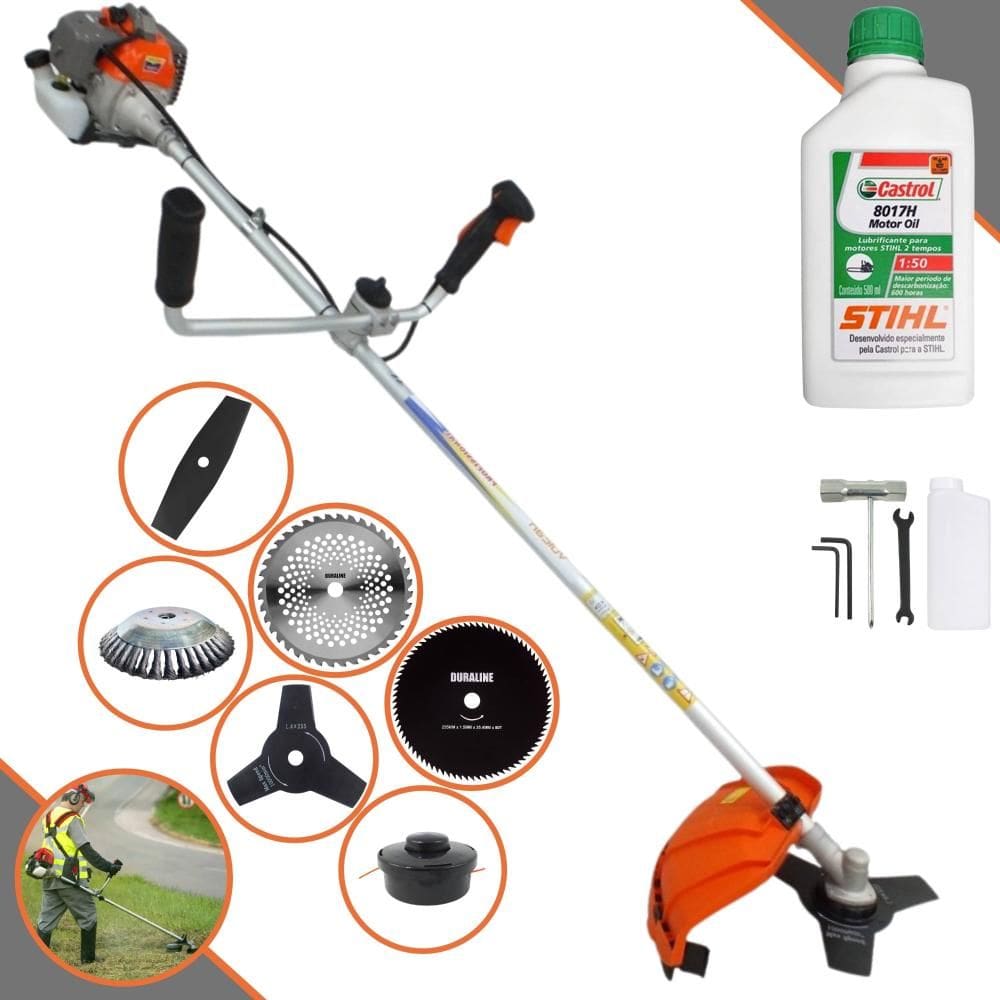 Roçadeira Podador de Grama Vulcan VP330-P À Gasolina 33cc 1,2HP Com 6 Opções de Cortes, Carretel Nylon + Kit 4 Facas + Escova de Aço + ÓLEO STIHL 2T