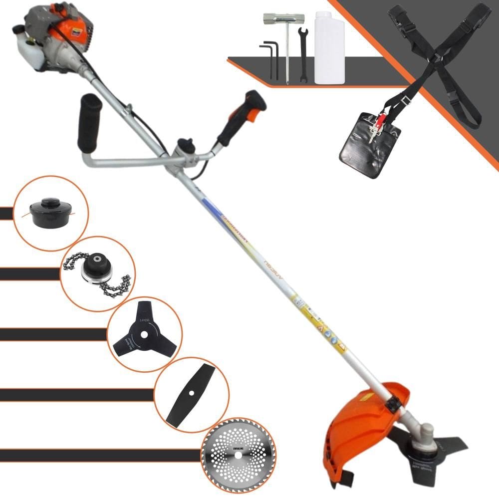 Roçadeira À Gasolina Vulcan VR330-P 33cc 1,2HP 10.000rpm Alta Performance Com Cabeçote de Nylon + Facas 2 Pontas, 3 Pontas, 40 Dentes Vídea e Trimmer