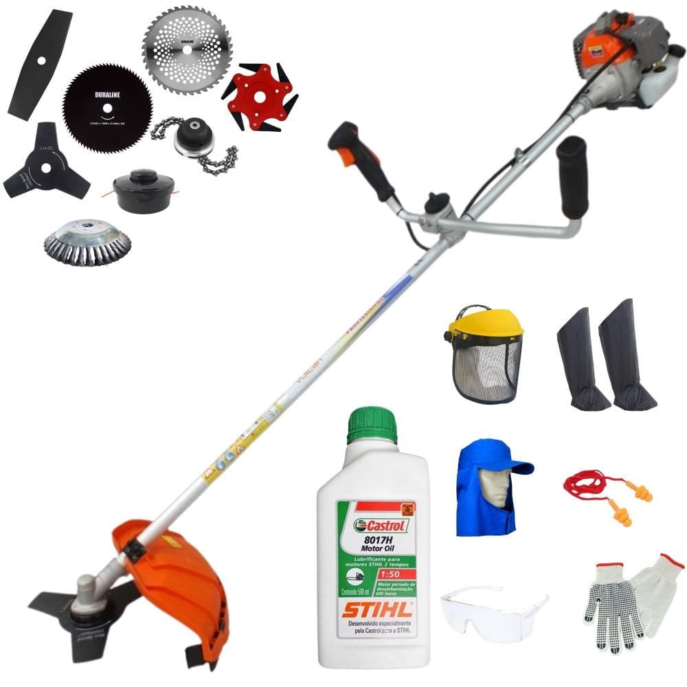 Roçadeira Vulcan VP330P À Gasolina 33cc 1,2HP Alta Rotação Com Guidão Anti-Vibração Carretel de Nylon + Kit 7 Opções de Cortes + EPI + ÓLEO STIHL 2T